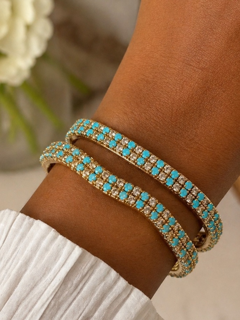 Turquoise Gold Rhinestone Bangle Bracelet Set 2 Pc Square Wavy Stack Glam Boho